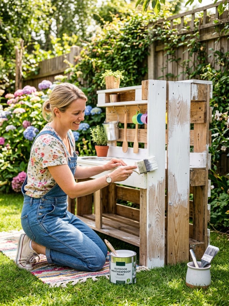 Parent painting pallet mud kitchen with bright white outdoor weatherproof paint in backyard