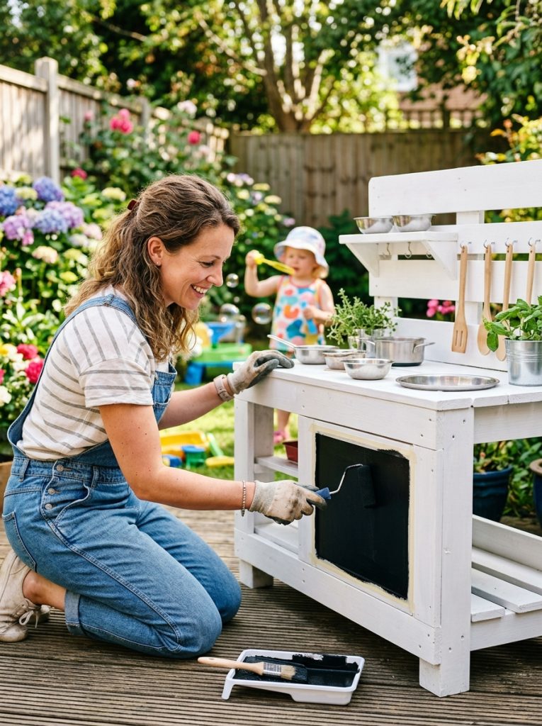 Parent applying black chalkboard paint to front of white pallet mud kitchen with foam roller