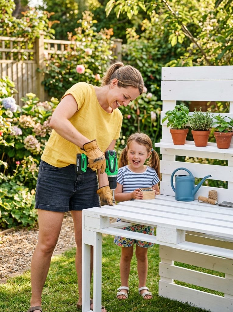  Parent drilling two painted white pallets together to form mud kitchen frame in backyard