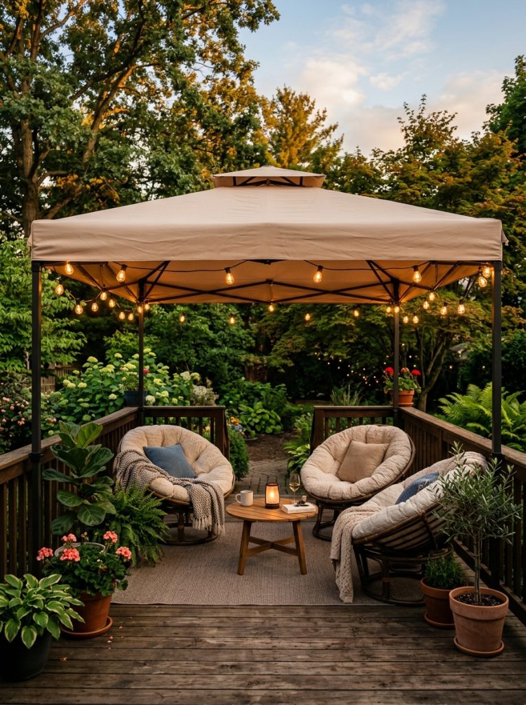 Beige patio canopy tent over backyard deck seating area with string lights