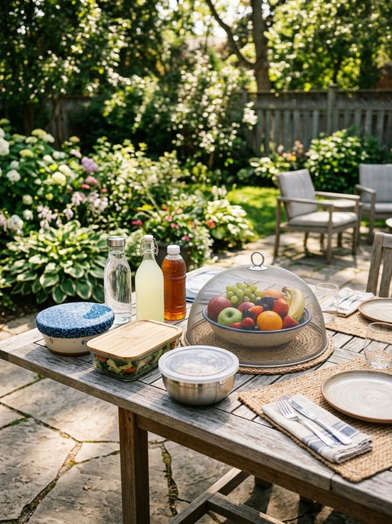 Outdoor dining table with covered food containers and mesh dome to prevent wasps
