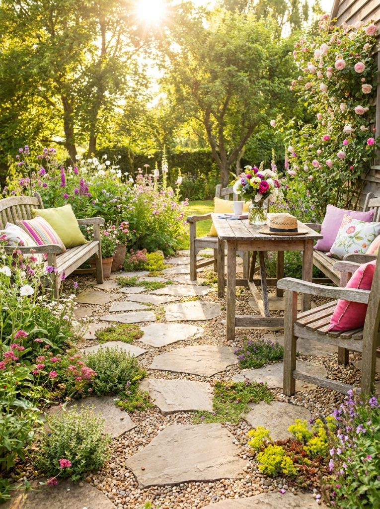  Beautiful flagstone and pea gravel patio with irregular natural stones set into gravel with plants growing between 