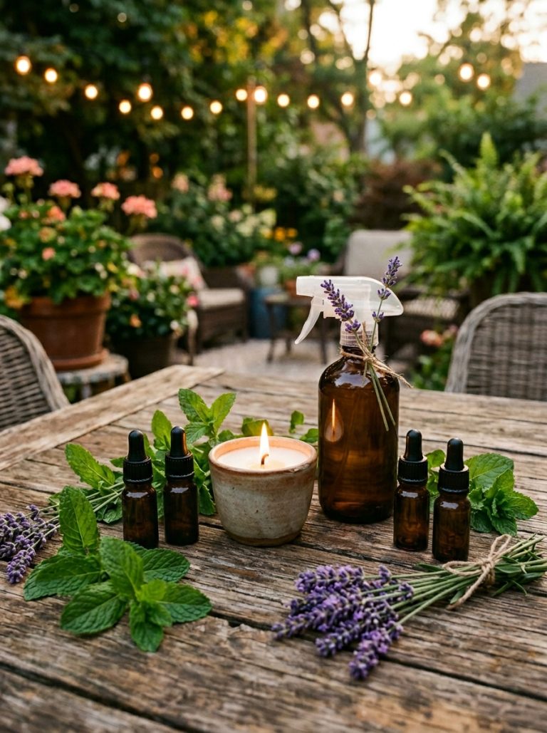 Homemade mosquito repellent items on outdoor patio table with essential oils and candle