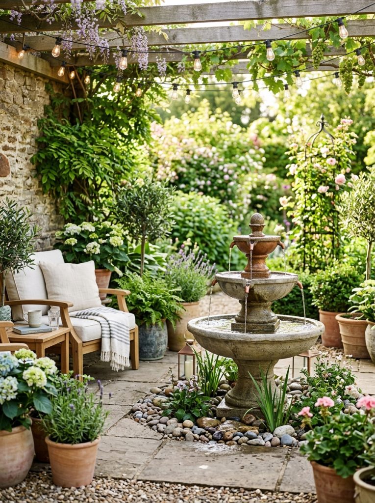 Beautiful patio water fountain as centerpiece of styled outdoor patio with comfortable seating potted plants and outdoor lighting