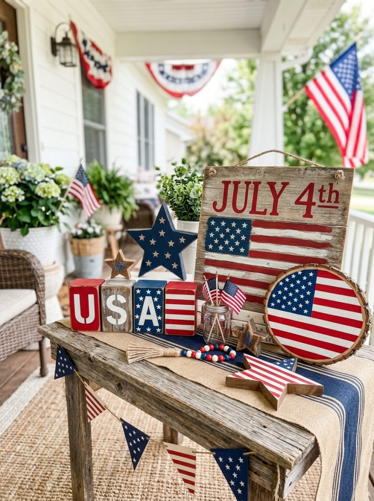 Beautiful 4th of July wood crafts display with painted wooden blocks wood slice flag design patriotic sign and wooden stars on porch