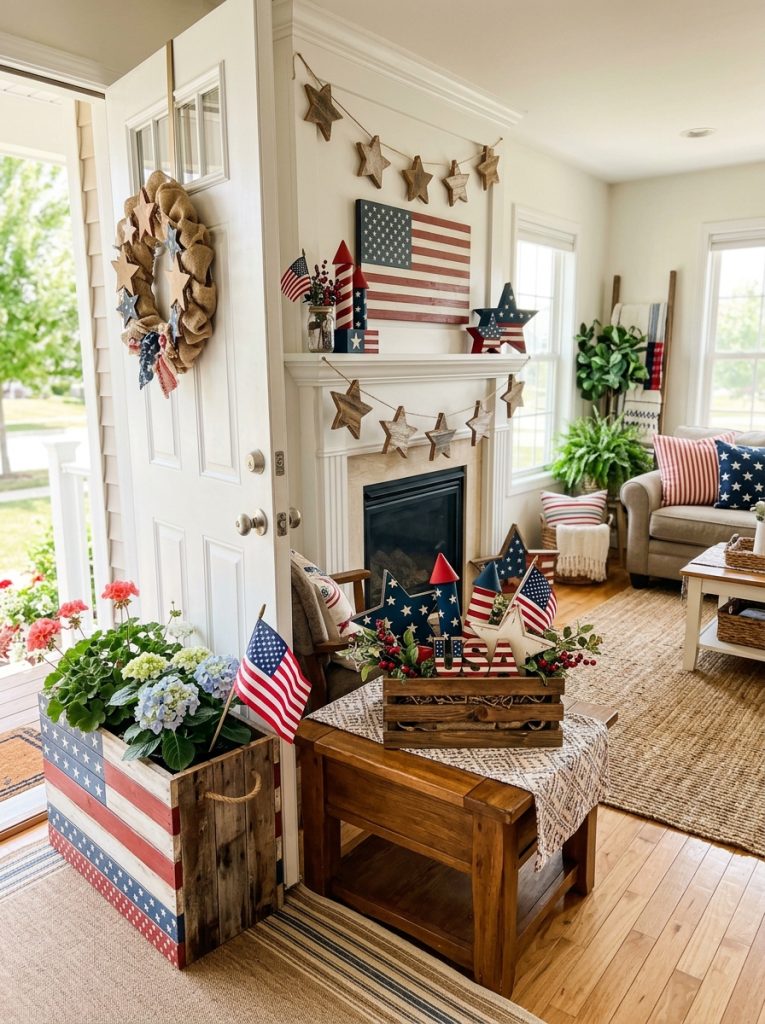 Complete 4th of July wood crafts display with front porch sign planters star garland table centerpiece and mantle display together