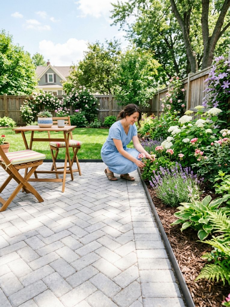Beautifully finished DIY paver patio with clean edging border containing pavers and garden planting alongside