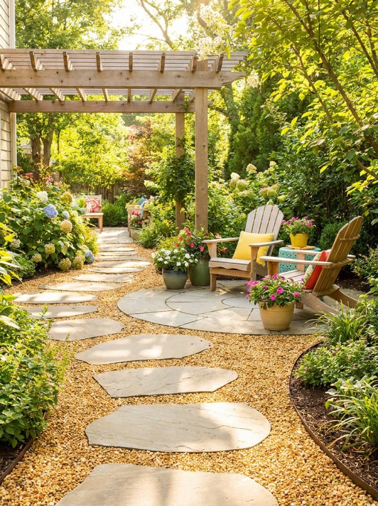  Beautiful pea gravel and paver combination patio with flat stepping stones set into gravel in sunny garden 