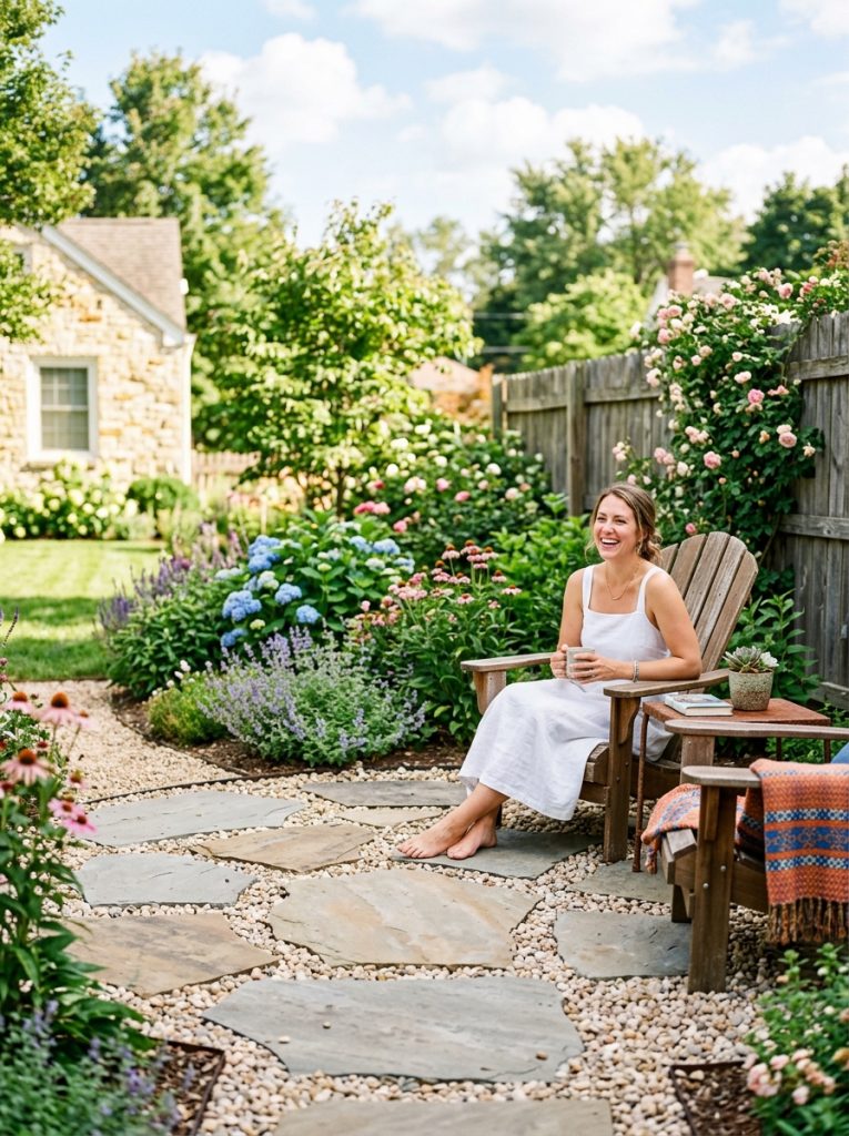 Beautiful DIY pea gravel and paver combination patio with flat pavers set into smooth gravel in sunny backyard