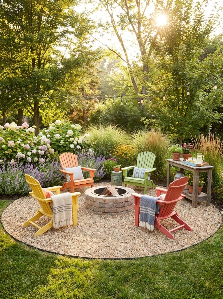  Beautiful pea gravel fire pit patio with round fire pit Adirondack chairs and defined circular gravel area in backyard 