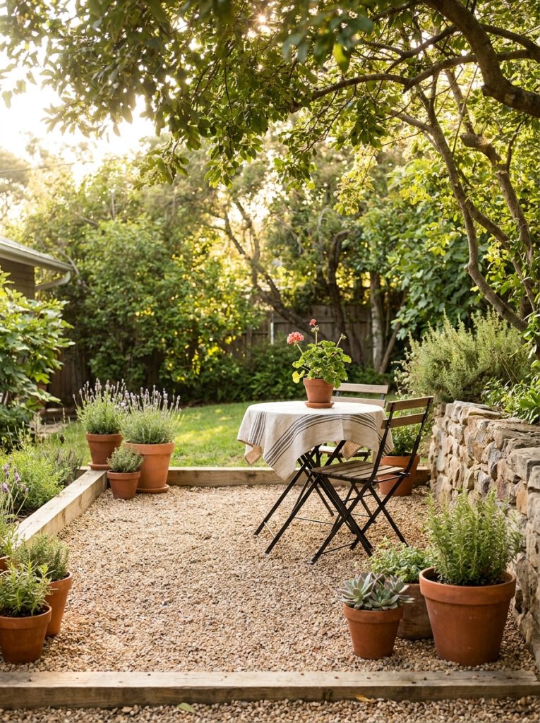  Simple beautiful pea gravel patio with defined edging bistro set and potted plants in bright cheerful sunny backyard 