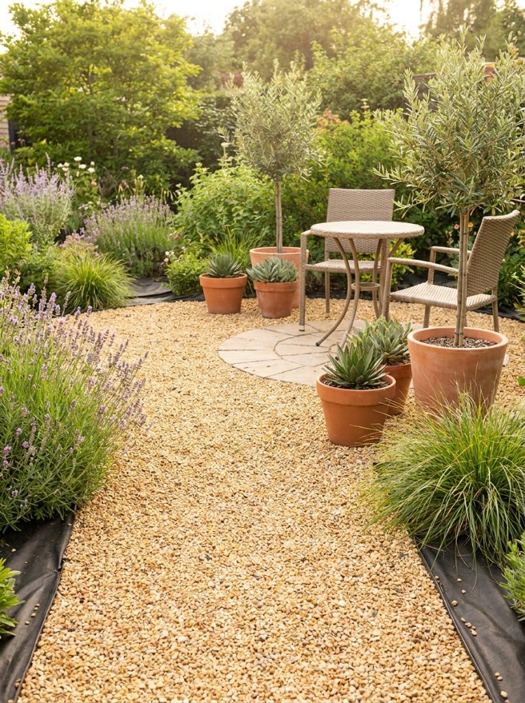 Beautifully low maintenance pea gravel patio with clean weed-free gravel over landscape fabric and minimal outdoor furniture 