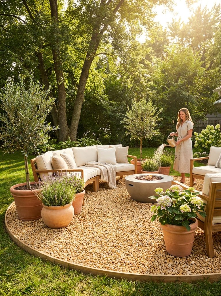 Beautiful pea gravel patio in sunny backyard with outdoor furniture seating potted plants and defined edging borders