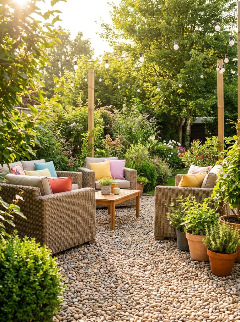 Beautiful pea gravel patio in sunny backyard with comfortable outdoor furniture string lights and lush garden surroundings 