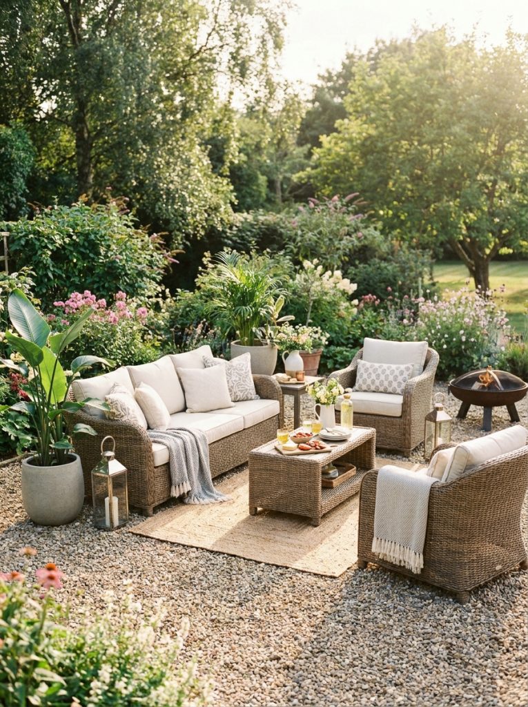  Beautifully styled pea gravel patio with complete outdoor sofa chairs table cushions and lush garden surroundings