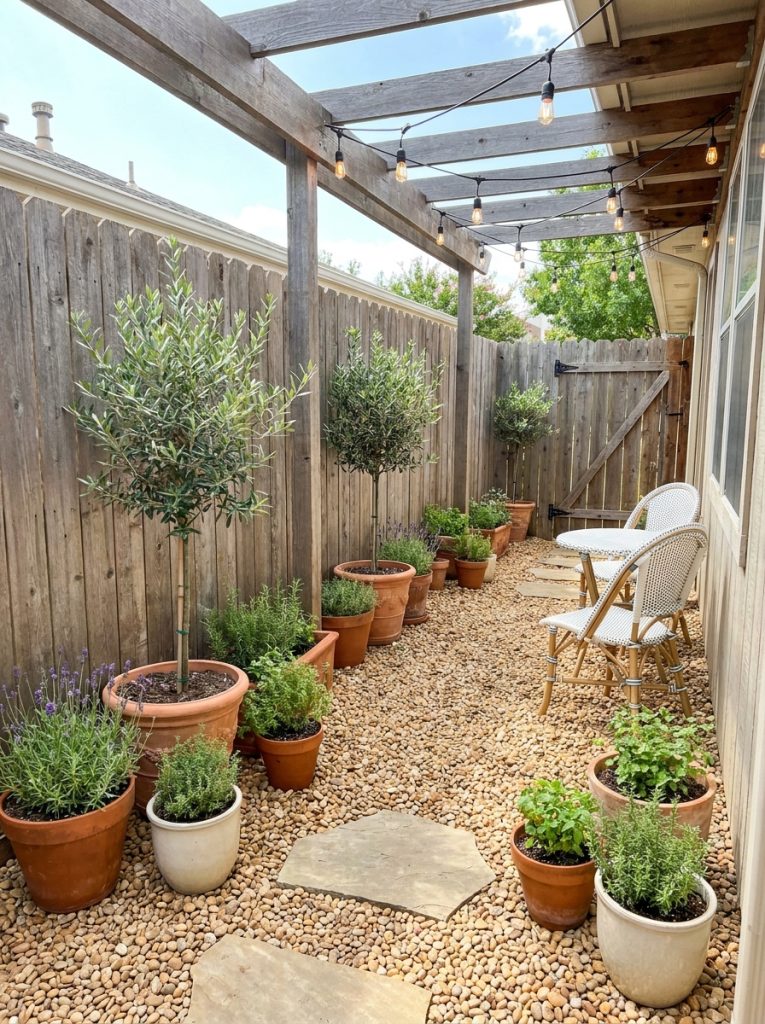 Beautiful pea gravel side yard transformation with gravel potted plants seating and string lights in narrow space