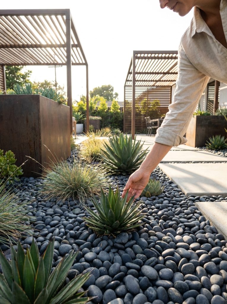  Beautiful Mexican beach pebble landscaping with smooth dark pebbles as decorative ground cover in contemporary modern garden 