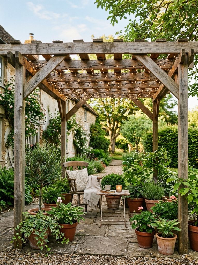 DIY pallet wood pergola over patio with fairy lights and greenery