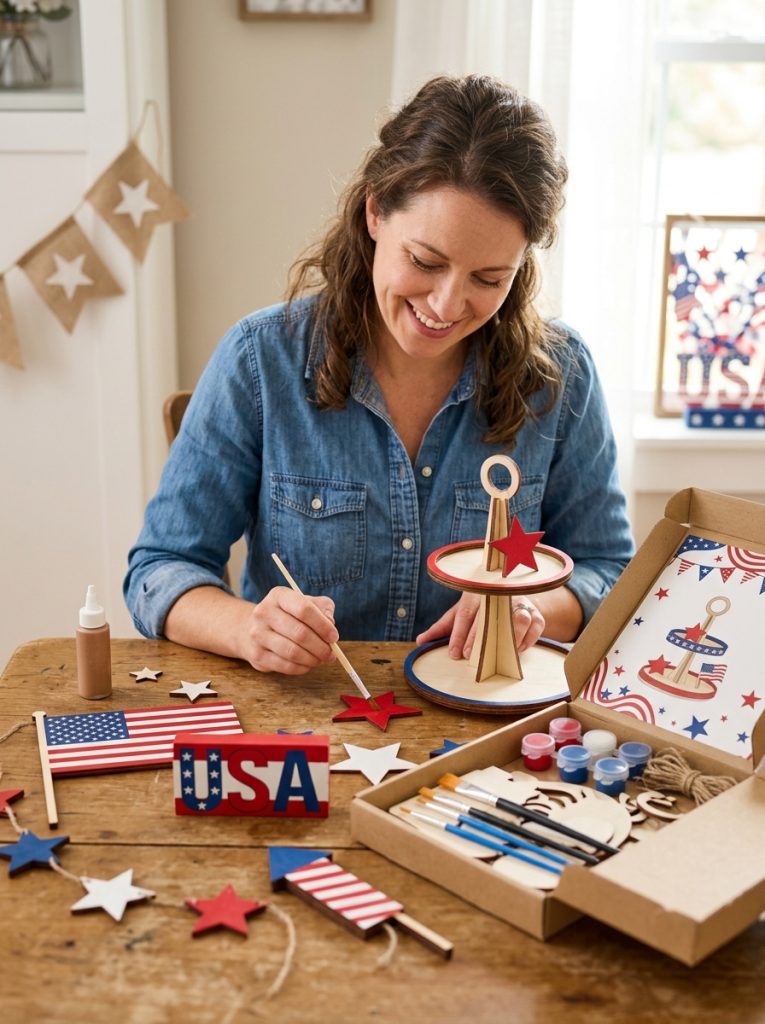Someone using complete 4th of July wood craft kit at craft table assembling patriotic red white blue wood projects