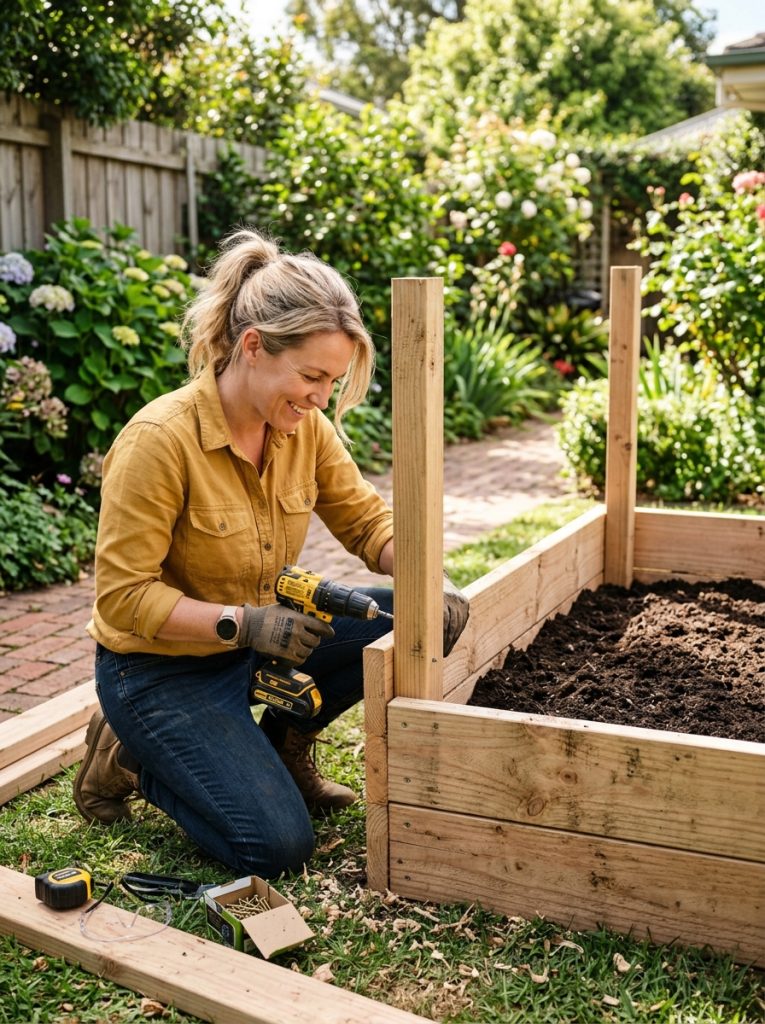 Person building raised wooden vegetable garden enclosure from timber planks in sunny backyard
