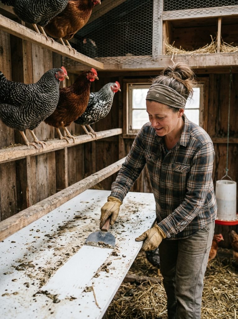 Person scraping chicken coop poop board with flat scraper tool below roosting bars