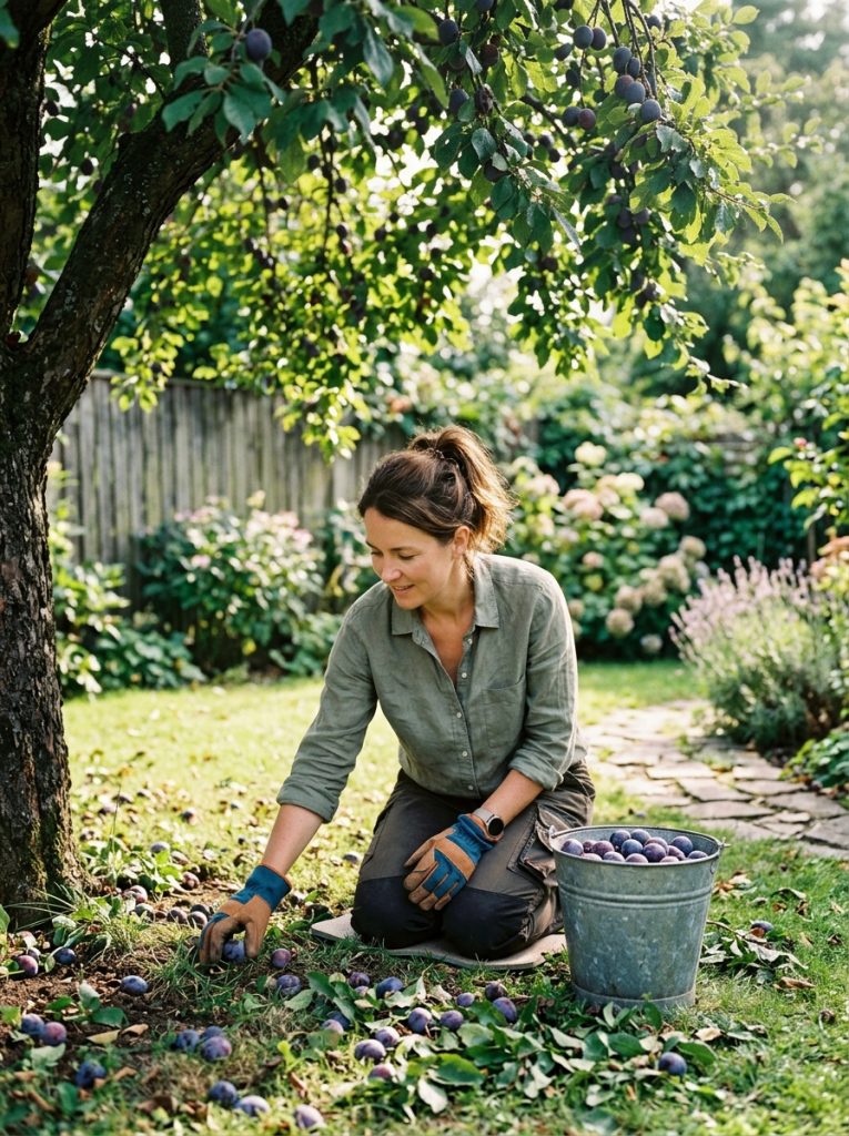 Person collecting fallen ripe fruit from ground under backyard fruit tree with bucket