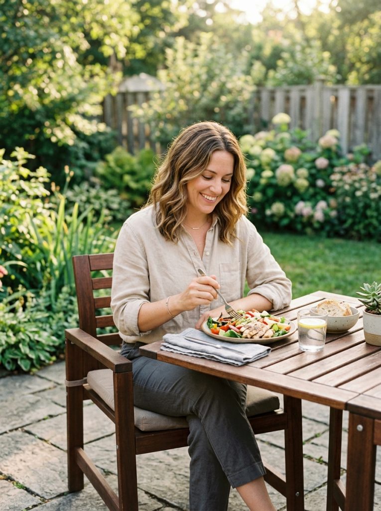 Person in neutral beige clothing sitting on patio avoiding bright colors to deter wasps