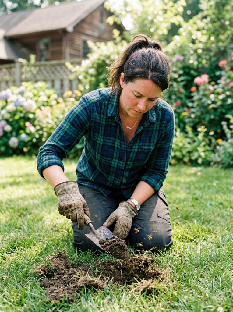 Person filling ground hole in lawn where yellow jacket wasps have been nesting
