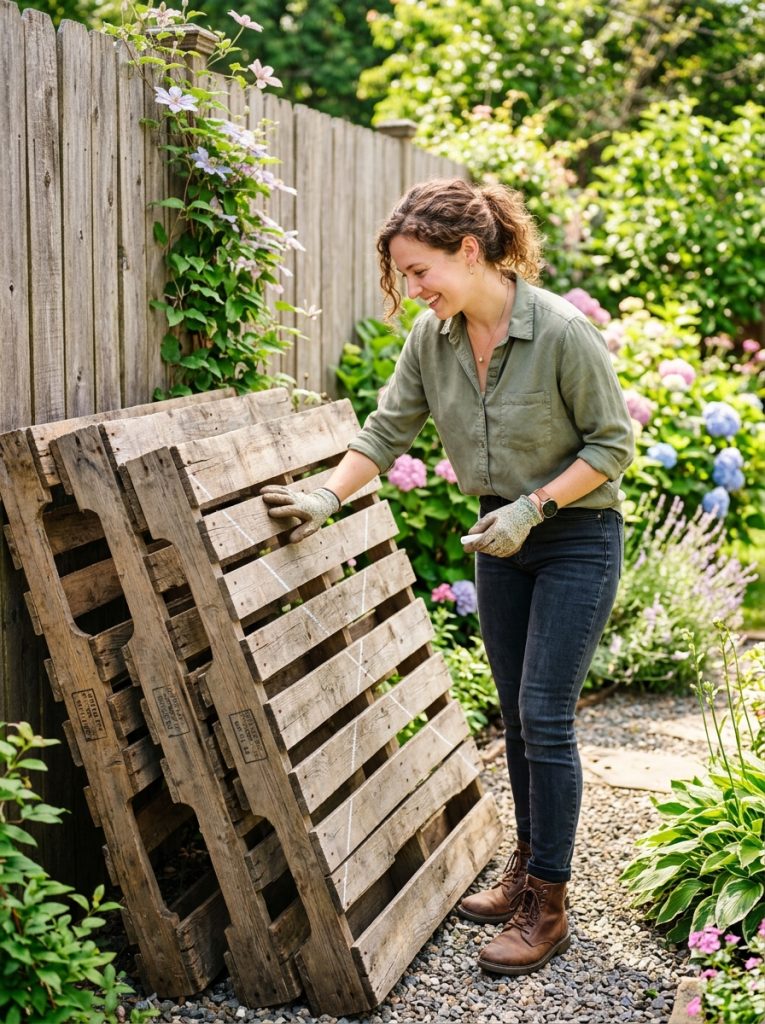 Person inspecting and selecting wooden pallets against garden fence for mud kitchen build