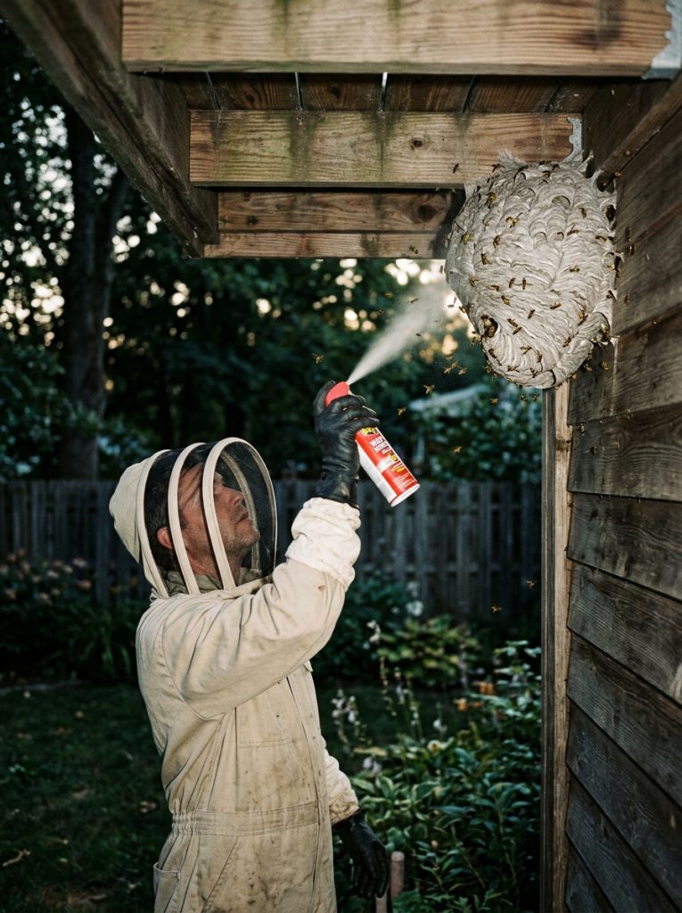 Person spraying wasp nest killer spray at grey paper wasp nest under deck overhang
