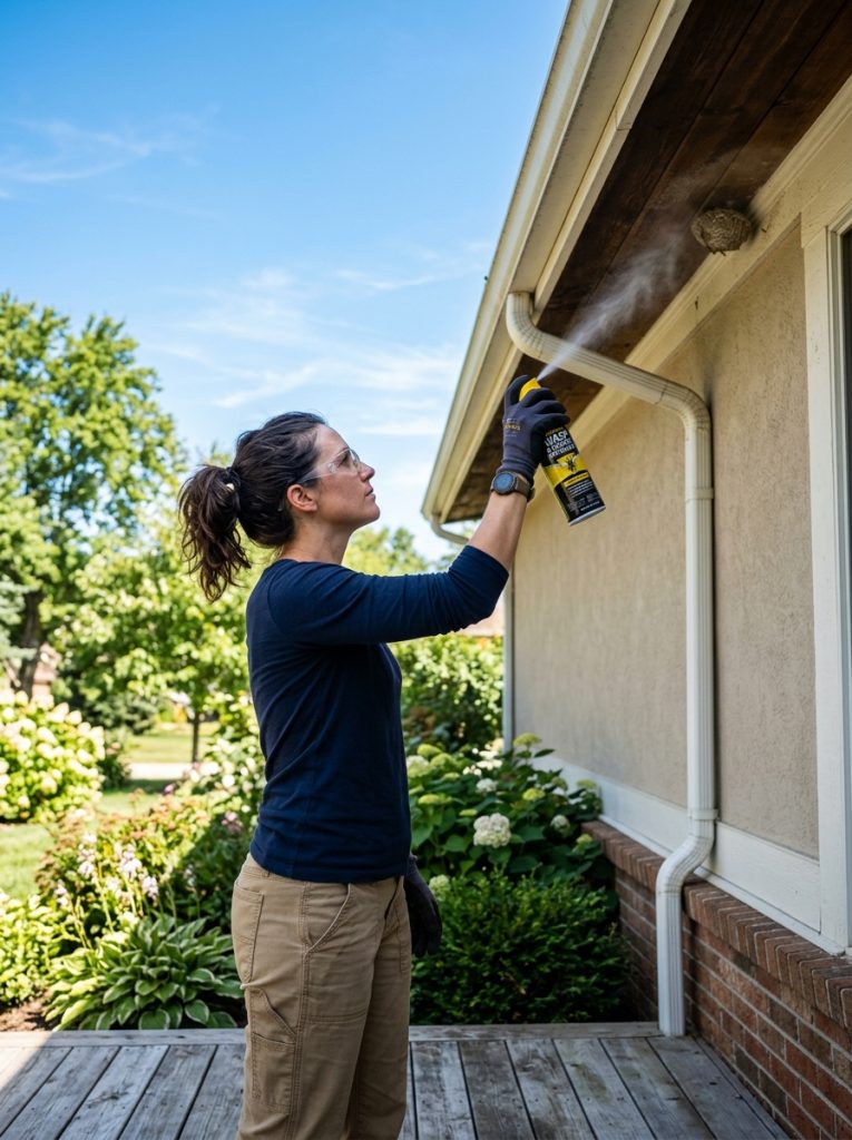 Person spraying outdoor wasp repellent spray along house eaves and exterior corners