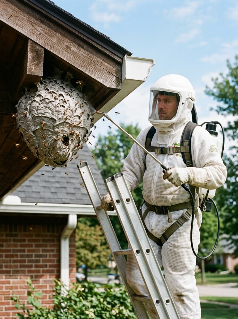 Professional pest control technician treating large paper wasp nest under house roof eave