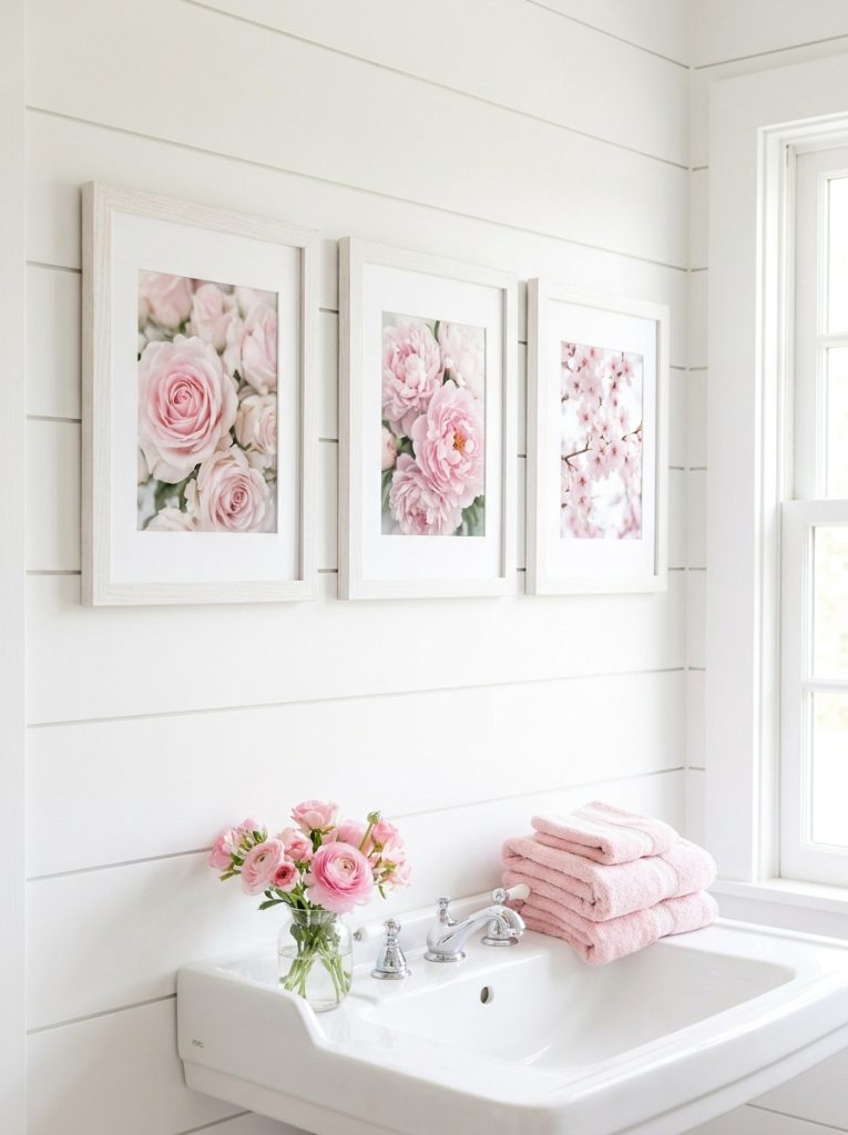 Beautiful pink floral bathroom wall art with soft botanical flower prints in delicate frames on white wall