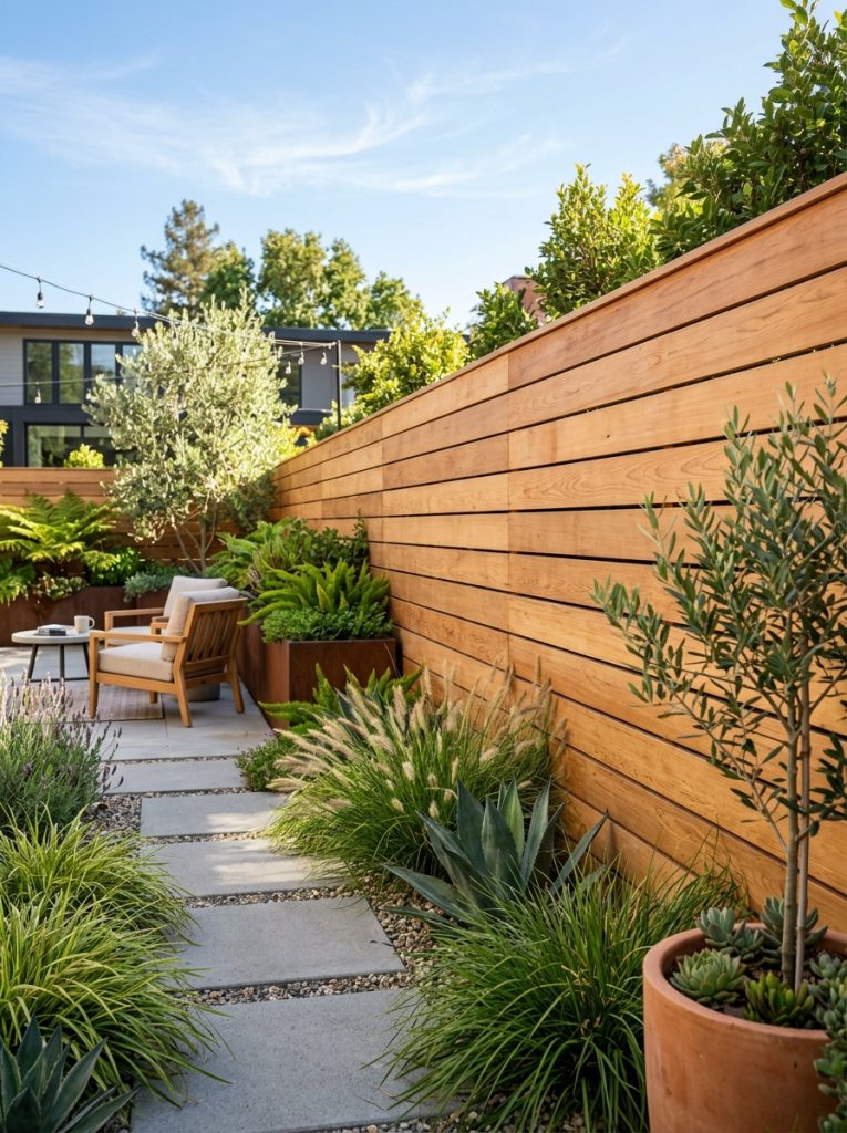 Beautiful horizontal plank fence with clean timber planks creating sleek contemporary lines with architectural plants in modern backyard