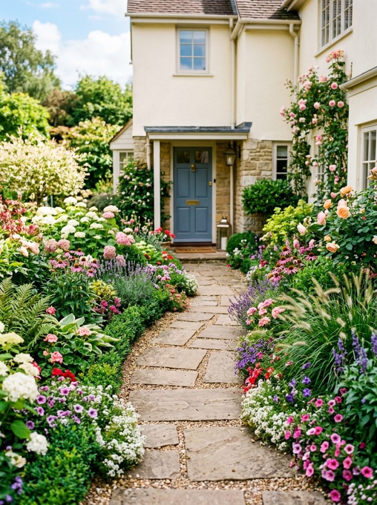  Beautiful plant-bordered entryway pathway with lush mixed perennials shrubs and flowers on both sides of front path