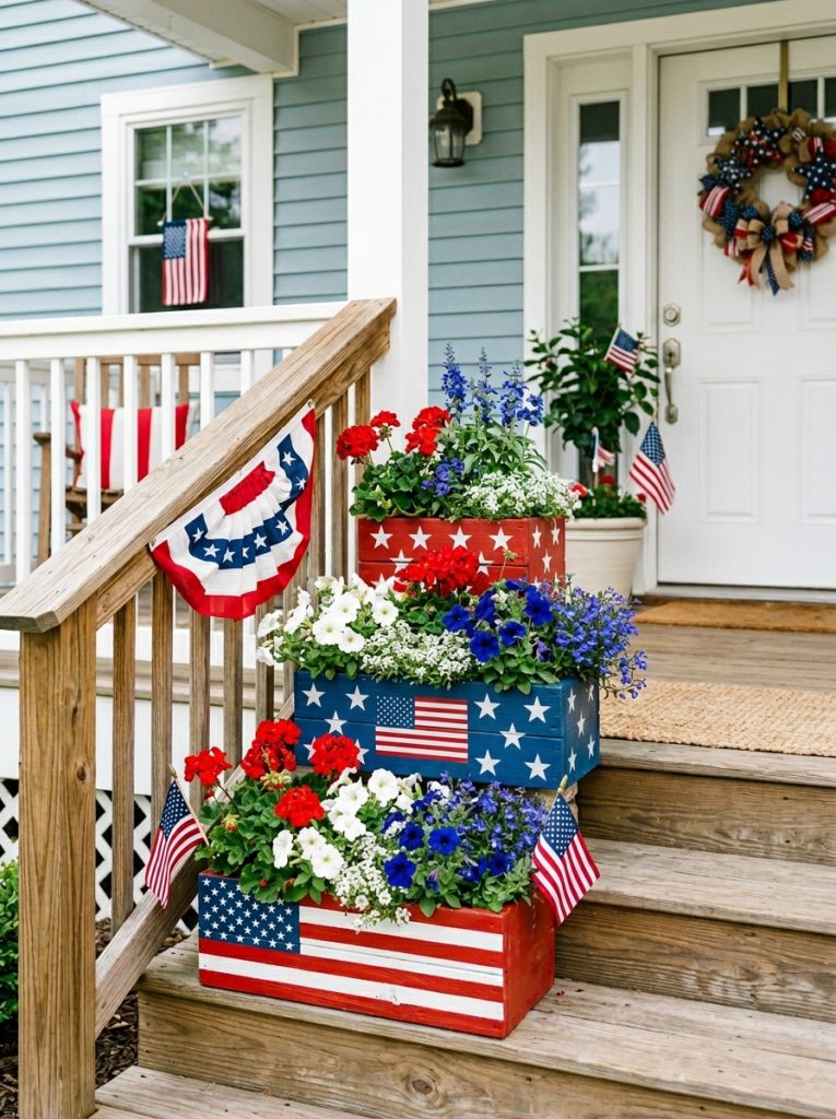 Beautiful 4th of July wood craft painted planter boxes in patriotic red white blue with flag designs and red white blue flowers