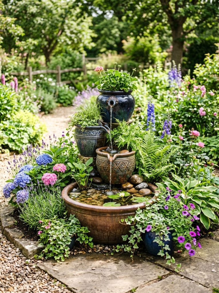 Beautiful planter water fountain with decorative planters as self-contained water feature with flowing water surrounded by garden plants 