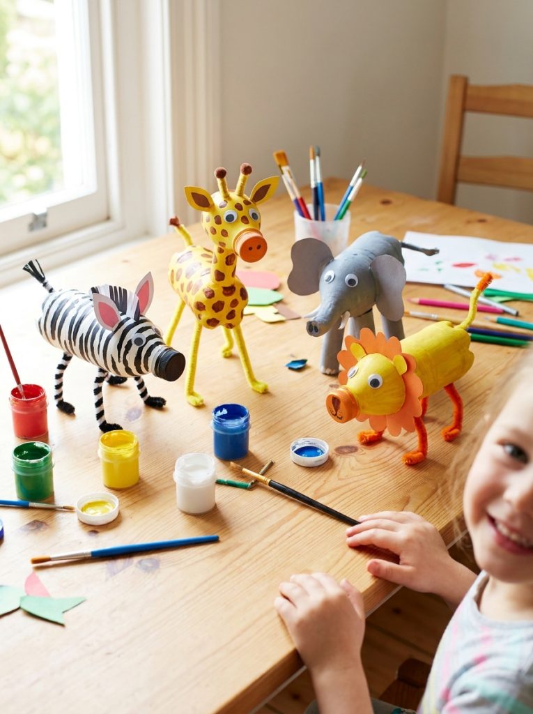 Colorful plastic bottle animals with googly eyes pipe cleaner legs and paper ears on bright craft table