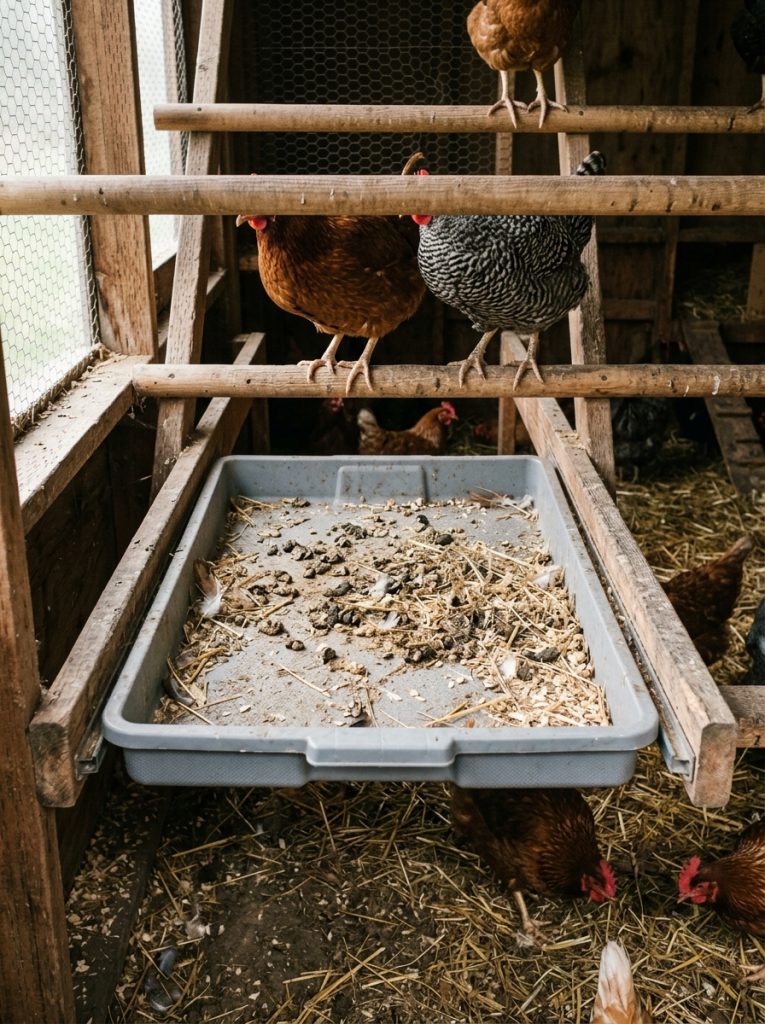 Removable plastic liner tray below chicken roosting bars as poop shelf in coop