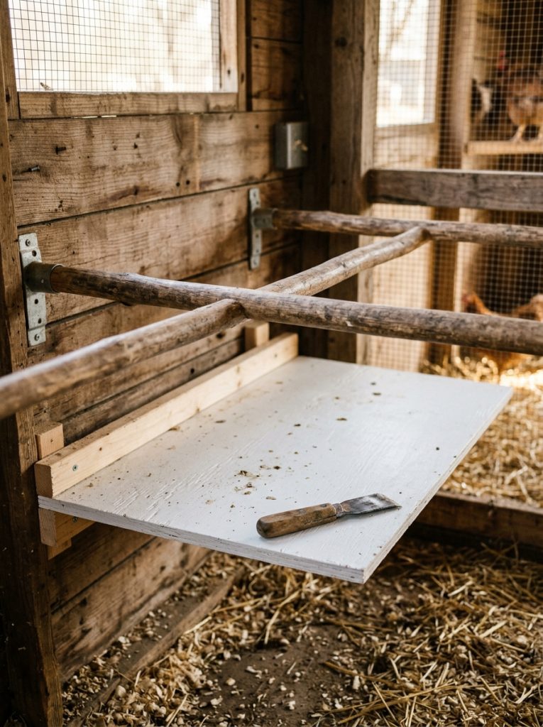 Simple flat wooden poop board mounted below roosting bars inside chicken coop