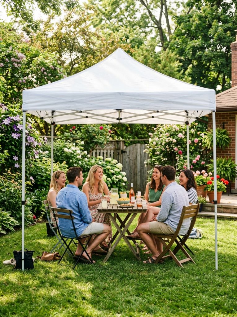 White pop up canopy set up in sunny backyard for outdoor gathering