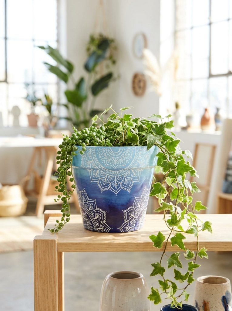 Stunning pot with deep navy to sky blue ombre and white mandala pattern combined on terracotta