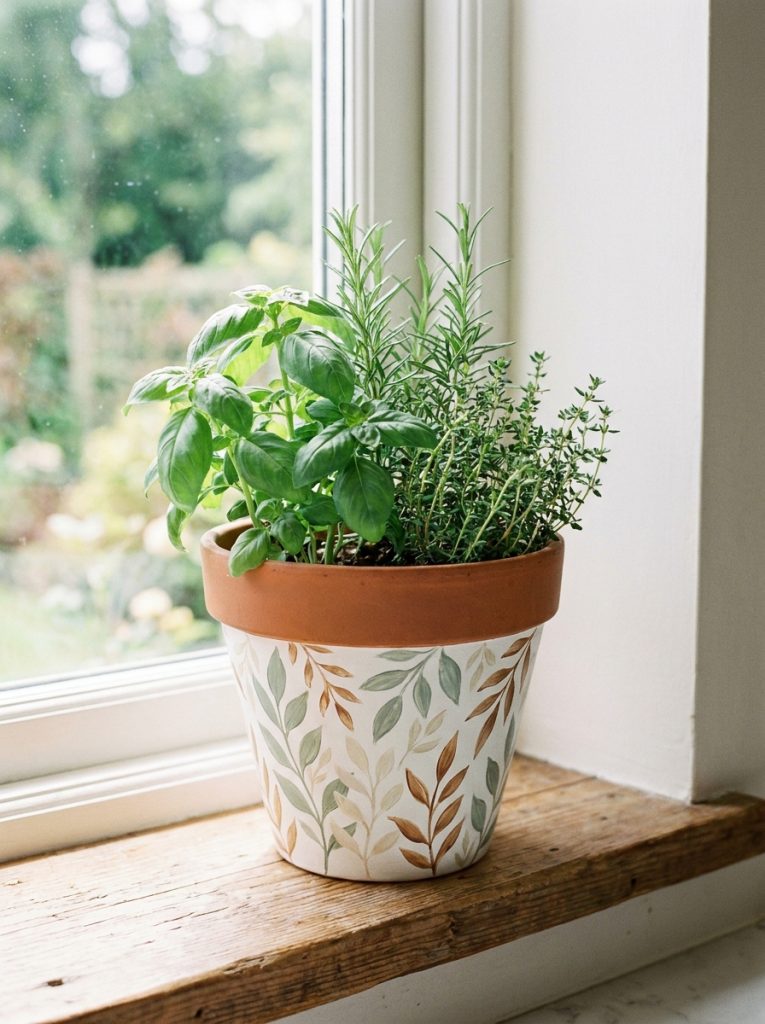 Elegant botanical style painted terracotta pot with delicate leaves and branches in sage green and cream