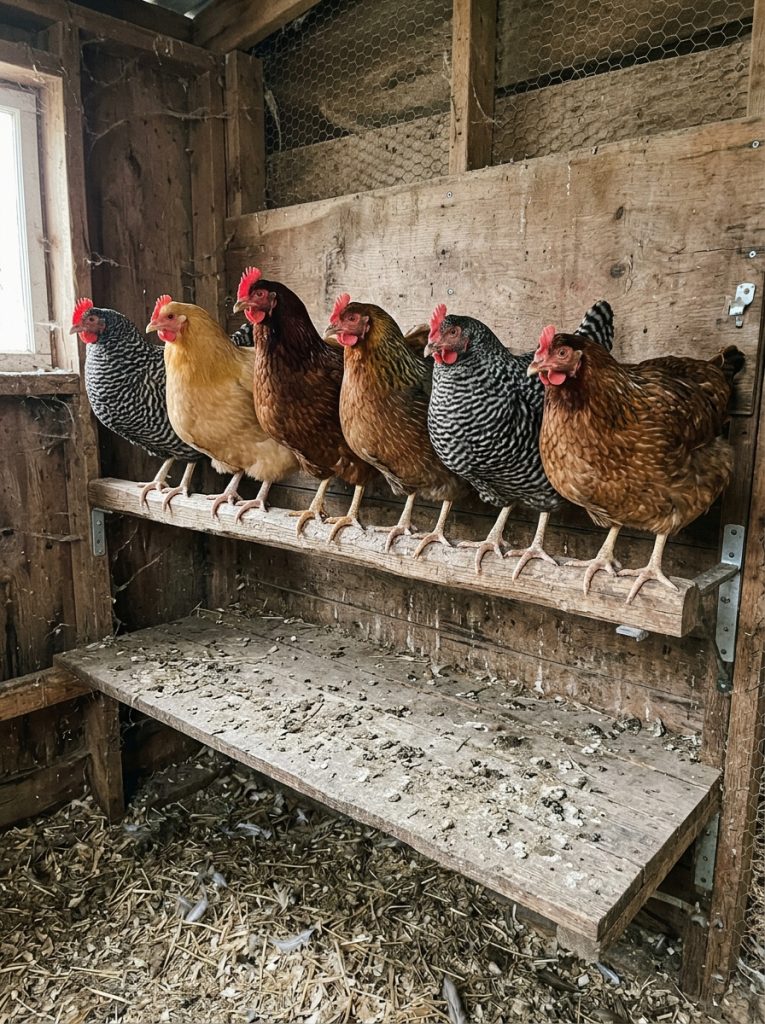 Sturdy poultry roosting perch with wide poop shelf directly below in chicken coop