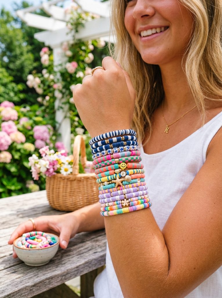 Beautiful preppy bracelet ideas with clay bead stacks in navy white pink green and preppy color combinations