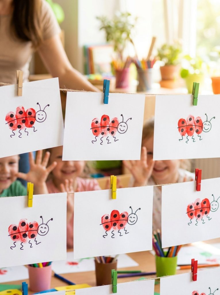 Adorable fingerprint ladybug insect art with red thumbprints black spots drawn legs and faces in preschool display 