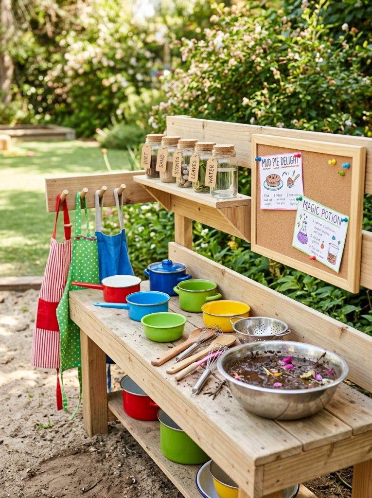 Preschool mud kitchen with aprons recipe cards labeled jars and colorful utensils