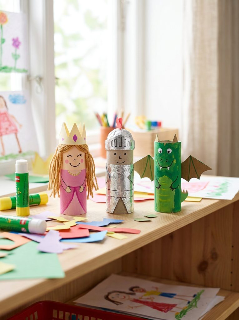 Preschool paper roll characters painted as princess knight and dragon with paper costumes and crowns