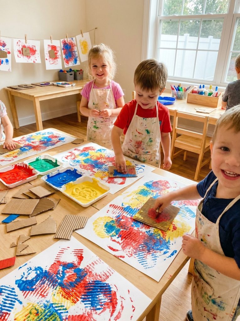 Preschool cardboard stamp printing with corrugated card dipped in paint creating textured patterns on paper
