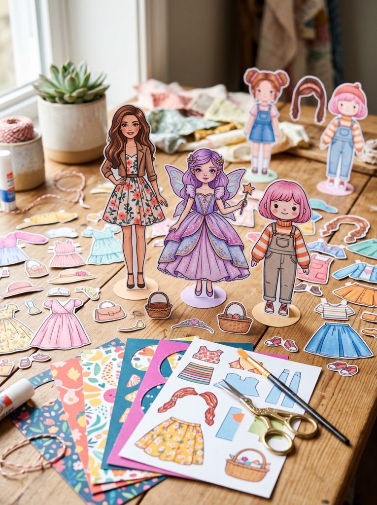 Beautiful printable doll template DIY crafts with assembled fashion fantasy and character dolls printed clothing and accessories displayed